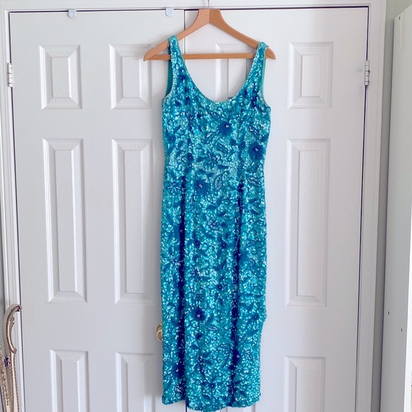 Vintage Dresses & Skirts - Exquisite Vintage Silk & Sequin Turquoise Dress